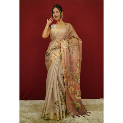 Isadora Life Womens Floral Tassels Beige Pre-Draped Saree With Unstitched Blouse