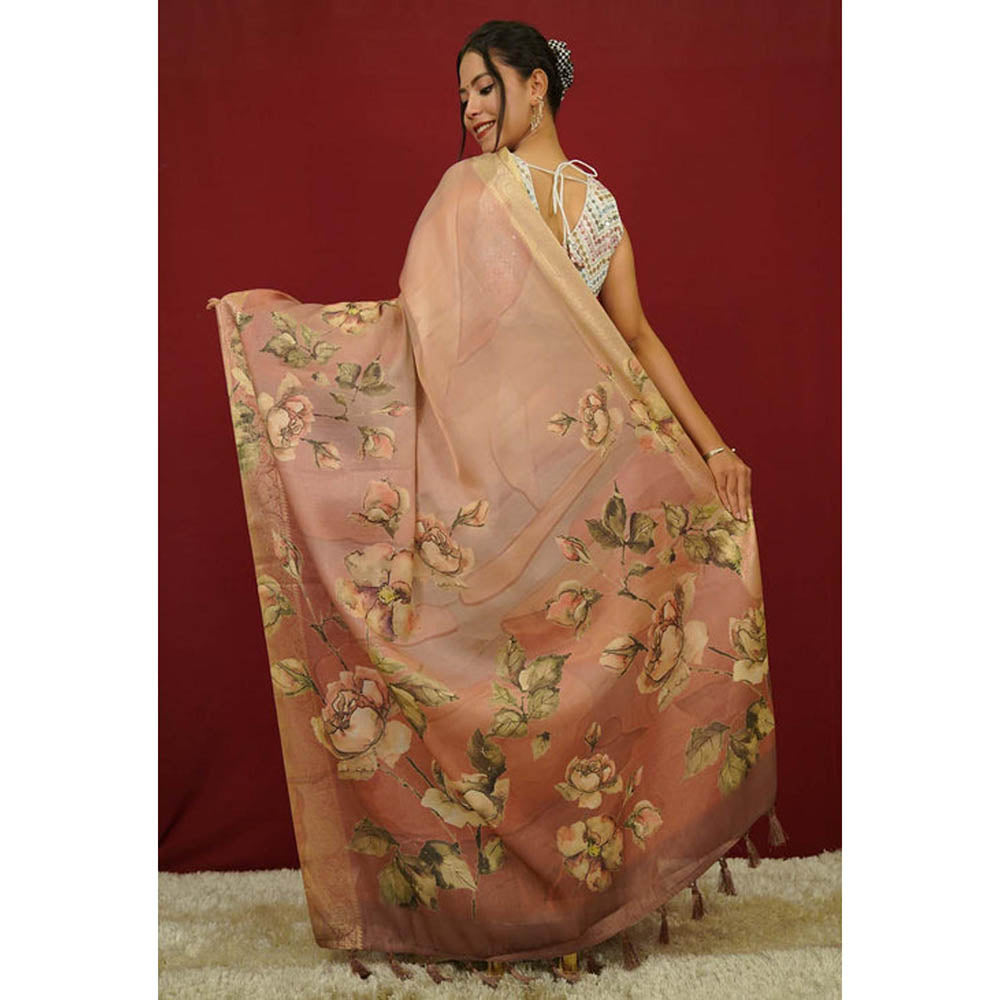 Isadora Life Womens Floral Tassels Beige Pre-Draped Saree With Unstitched Blouse