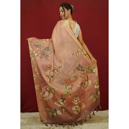 Isadora Life Womens Floral Tassels Beige Pre-Draped Saree With Unstitched Blouse