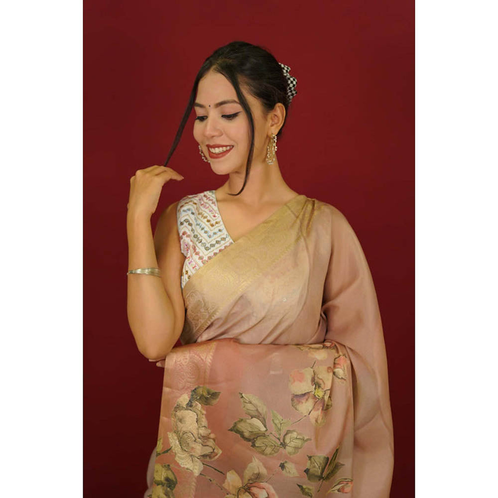 Isadora Life Womens Floral Tassels Beige Pre-Draped Saree With Unstitched Blouse
