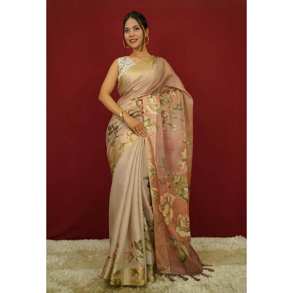 Isadora Life Womens Floral Tassels Beige Pre-Draped Saree With Unstitched Blouse