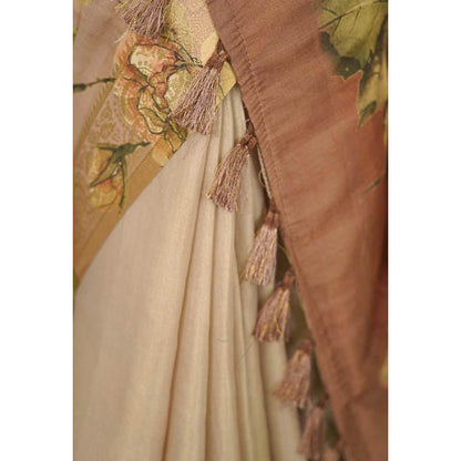 Isadora Life Womens Floral Tassels Beige Pre-Draped Saree With Unstitched Blouse