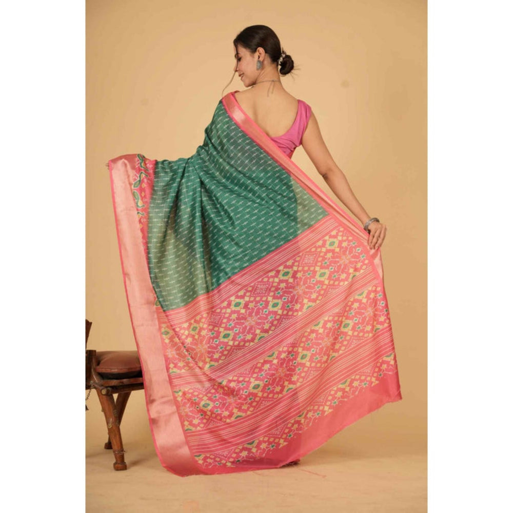 Isadora Life Womens Printed Green Pre-Draped Saree With Unstitched Blouse