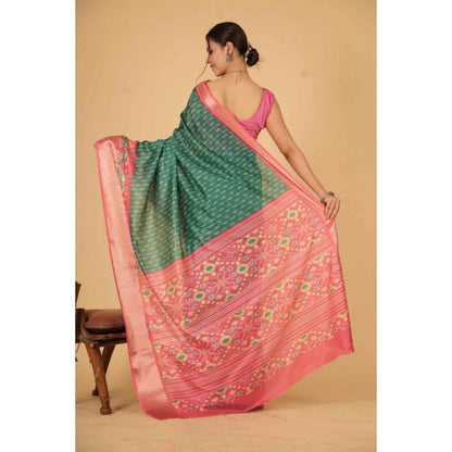Isadora Life Womens Printed Green Pre-Draped Saree With Unstitched Blouse
