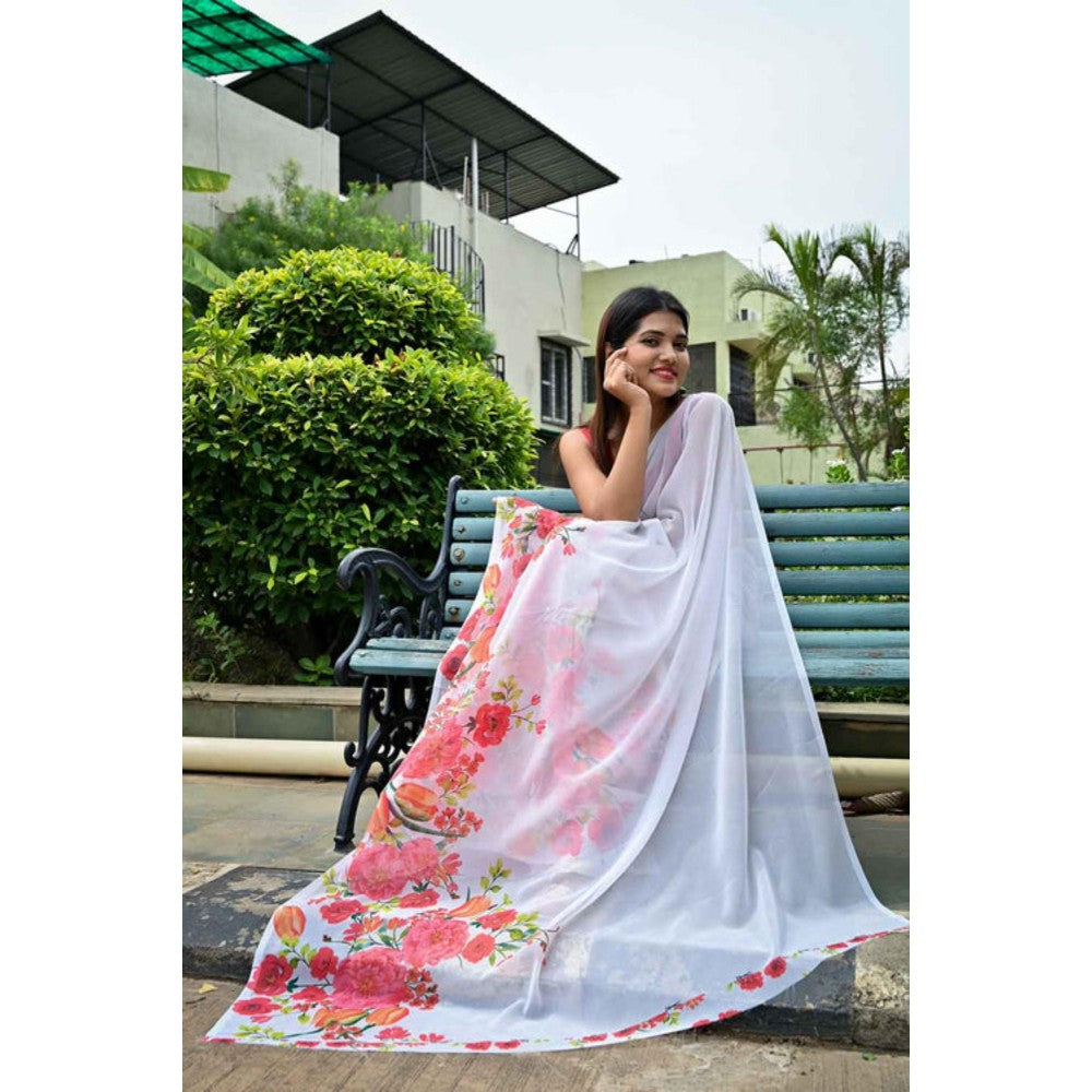 Isadora Life Womens Floral Printed White Pre-Draped Saree With Unstitched Blouse