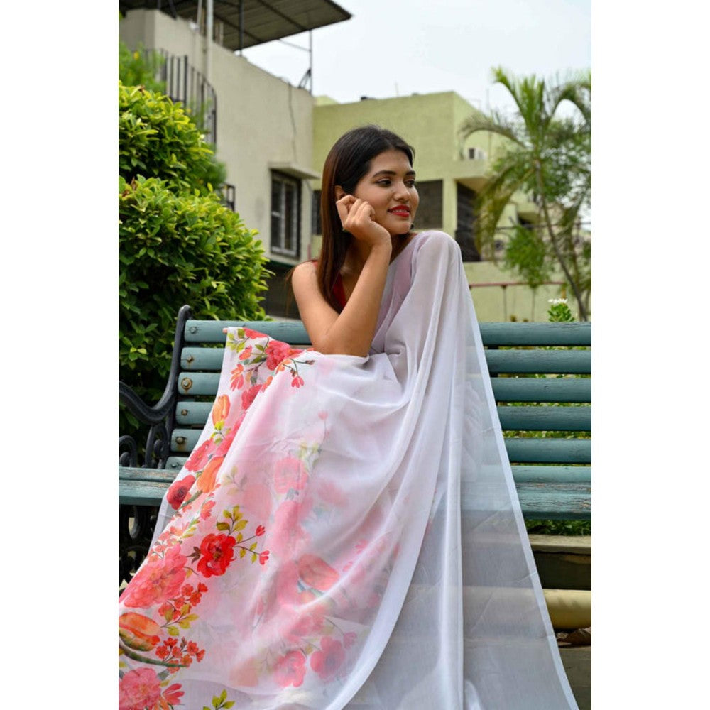 Isadora Life Womens Floral Printed White Pre-Draped Saree With Unstitched Blouse