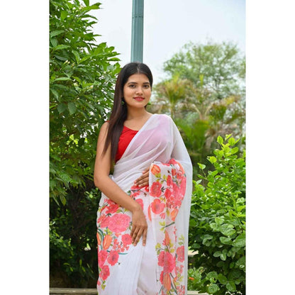 Isadora Life Womens Floral Printed White Pre-Draped Saree With Unstitched Blouse