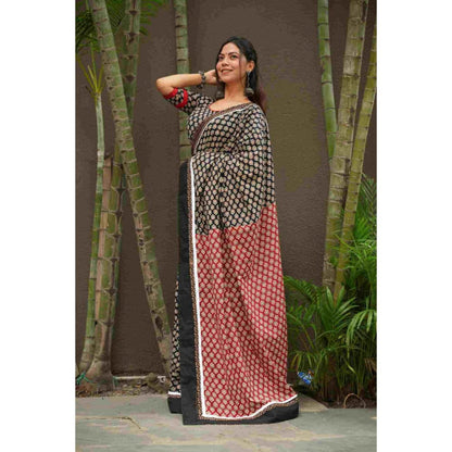 Isadora Life Womens Printed Black Pre-Draped Saree With Unstitched Blouse