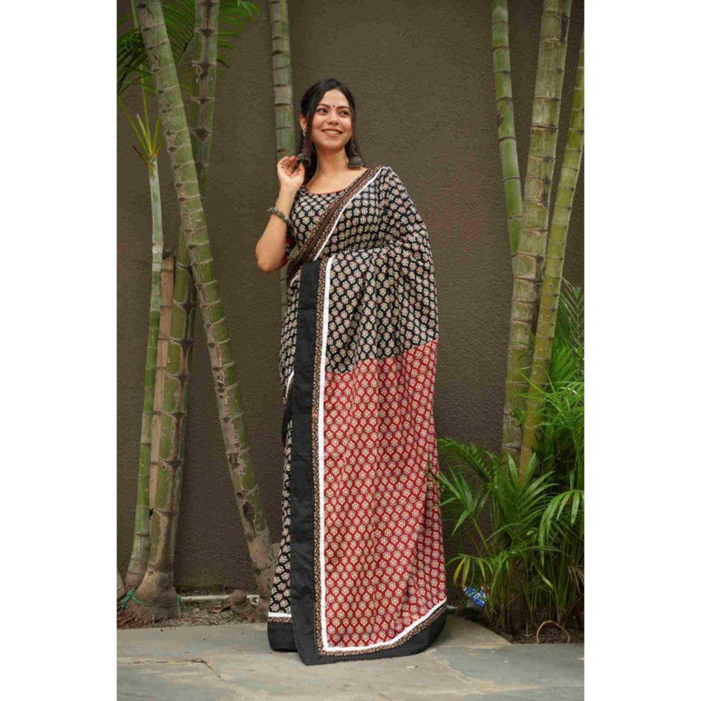 Isadora Life Womens Printed Black Pre-Draped Saree With Unstitched Blouse