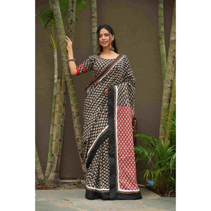 Isadora Life Womens Printed Black Pre-Draped Saree With Unstitched Blouse