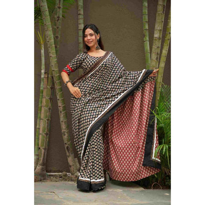 Isadora Life Womens Printed Black Pre-Draped Saree With Unstitched Blouse