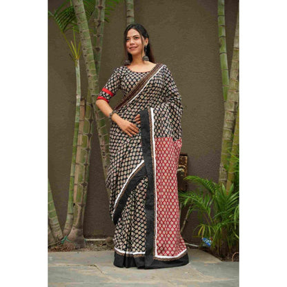 Isadora Life Womens Printed Black Pre-Draped Saree With Unstitched Blouse