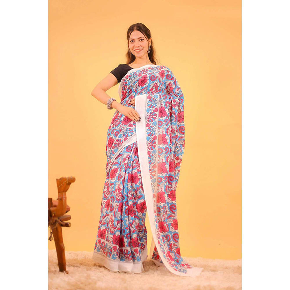 Isadora Life Womens Floral Printed Multi-Color Pre-Draped Saree With Unstitched Blouse