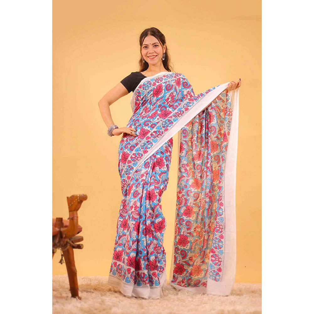 Isadora Life Womens Floral Printed Multi-Color Pre-Draped Saree With Unstitched Blouse