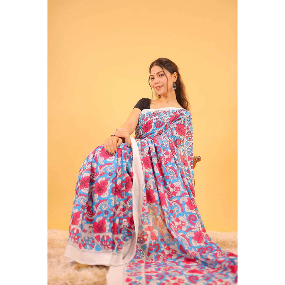 Isadora Life Womens Floral Printed Multi-Color Pre-Draped Saree With Unstitched Blouse
