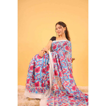 Isadora Life Womens Floral Printed Multi-Color Pre-Draped Saree With Unstitched Blouse