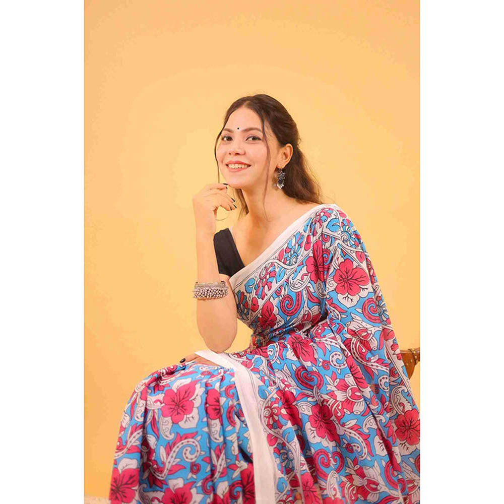 Isadora Life Womens Floral Printed Multi-Color Pre-Draped Saree With Unstitched Blouse