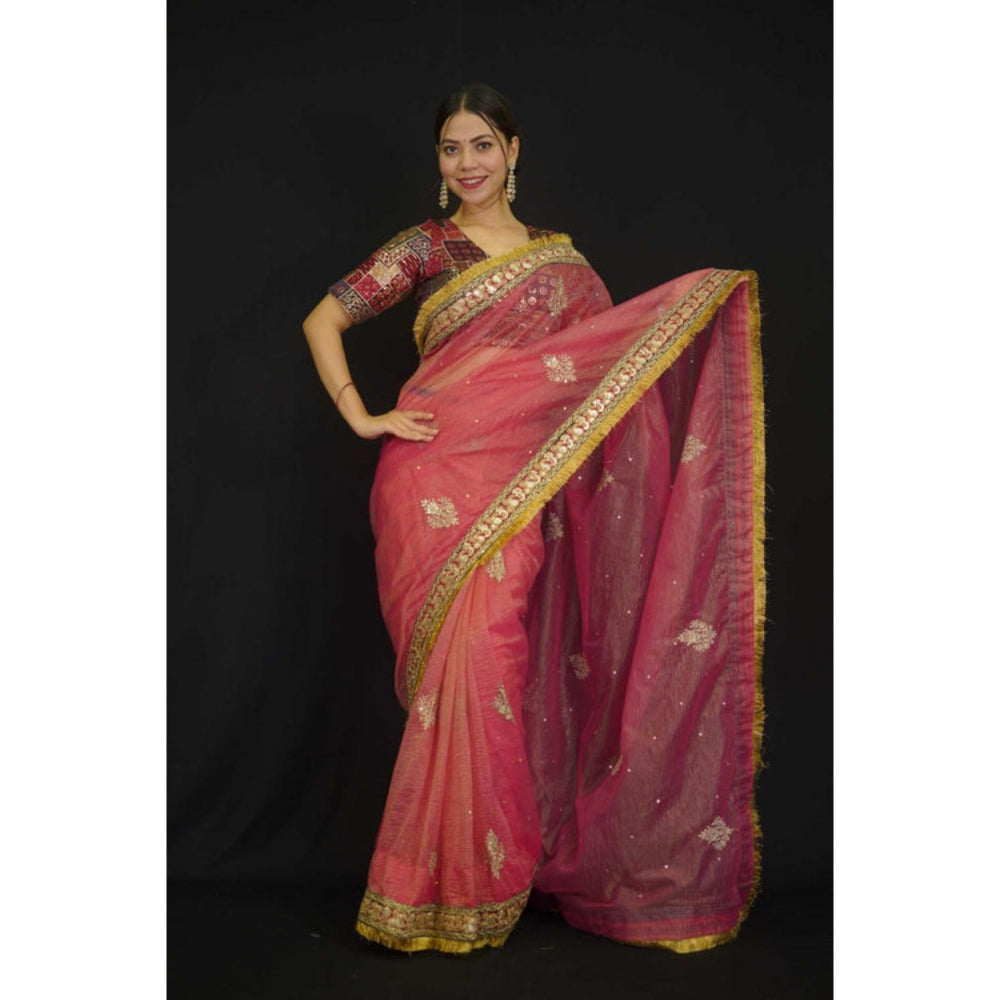 Isadora Life Womens Embroidered Sequined Pink Pre-Draped Saree With Unstitched Blouse