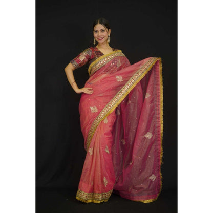Isadora Life Womens Embroidered Sequined Pink Pre-Draped Saree With Unstitched Blouse