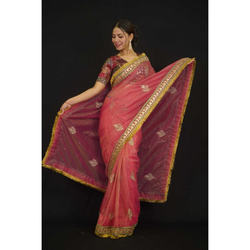 Isadora Life Womens Embroidered Sequined Pink Pre-Draped Saree With Unstitched Blouse