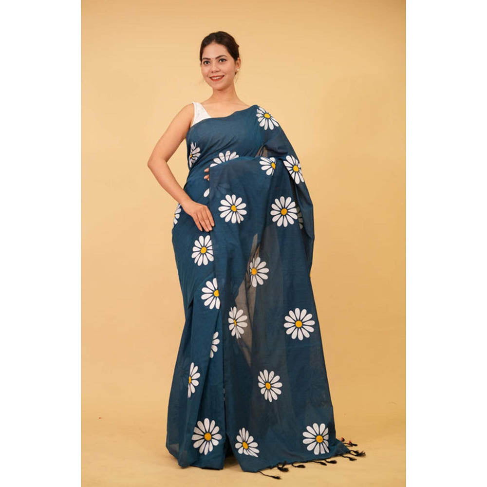 Isadora Life Womens Floral Tassels Teal Pre-Draped Saree With Unstitched Blouse