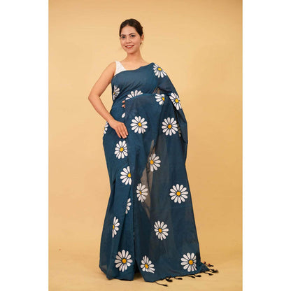 Isadora Life Womens Floral Tassels Teal Pre-Draped Saree With Unstitched Blouse