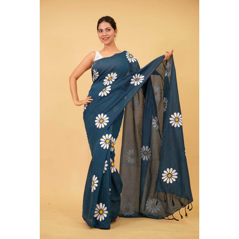 Isadora Life Womens Floral Tassels Teal Pre-Draped Saree With Unstitched Blouse