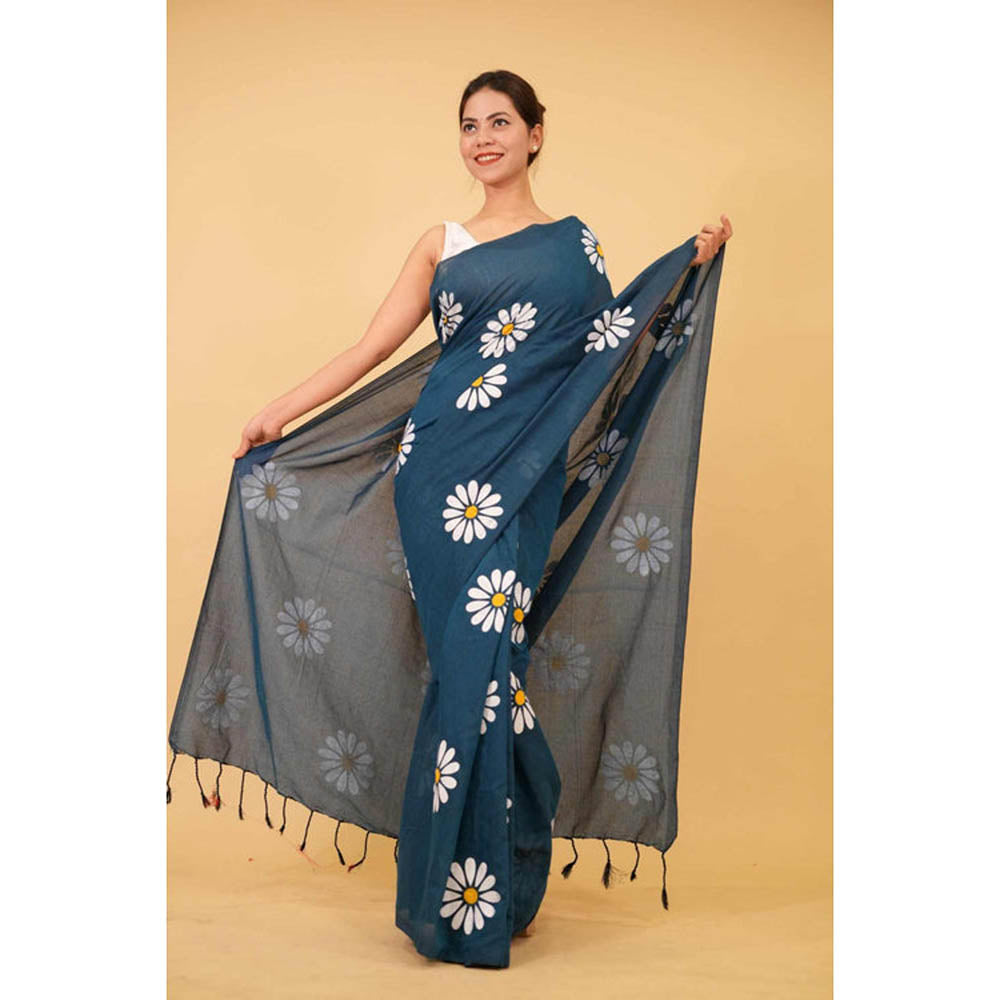 Isadora Life Womens Floral Tassels Teal Pre-Draped Saree With Unstitched Blouse