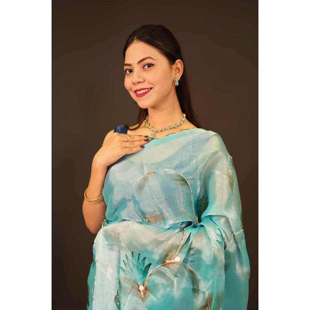 Isadora Life Womens Printed Sequined Blue Pre-Draped Saree With Unstitched Blouse