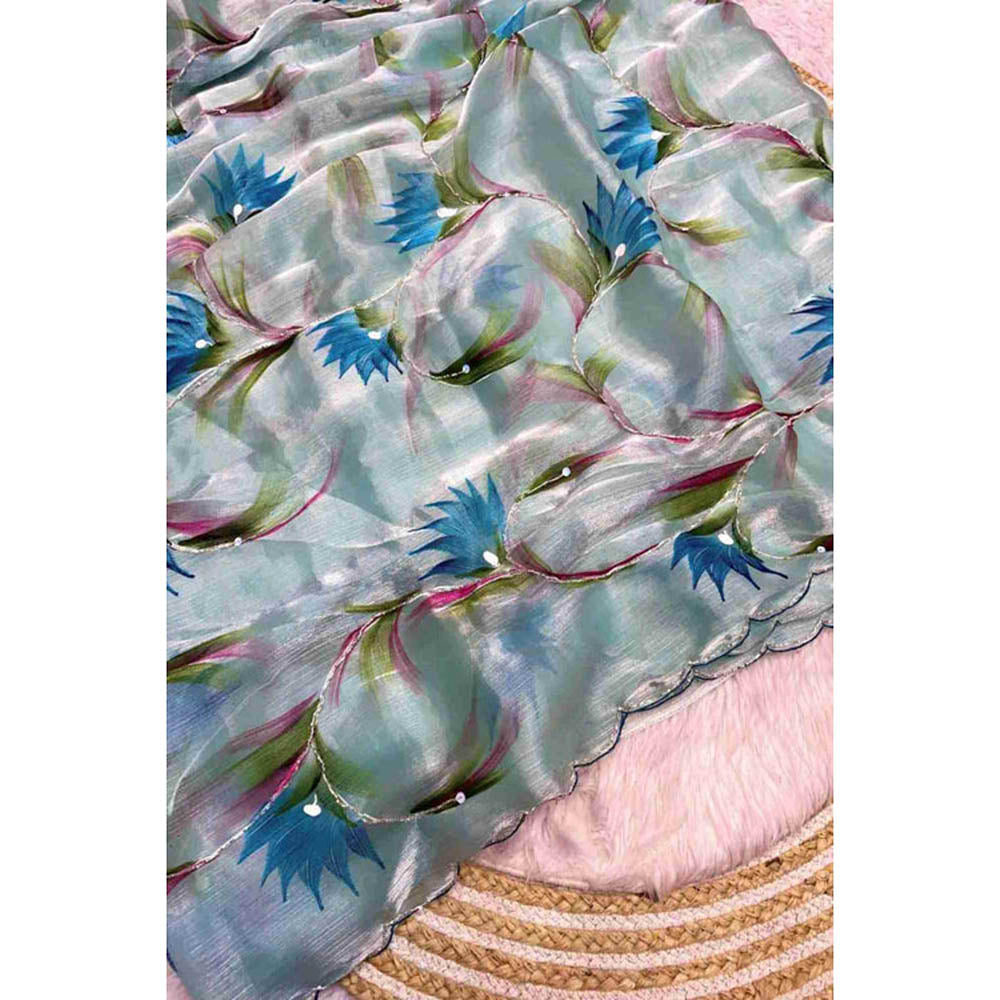 Isadora Life Womens Printed Sequined Blue Pre-Draped Saree With Unstitched Blouse