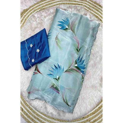 Isadora Life Womens Printed Sequined Blue Pre-Draped Saree With Unstitched Blouse