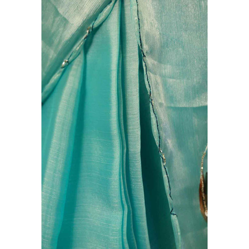 Isadora Life Womens Printed Sequined Blue Pre-Draped Saree With Unstitched Blouse