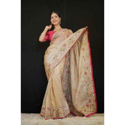 Isadora Life Womens Embroidered Thread Work Beige Pre-Draped Saree With Unstitched Blouse