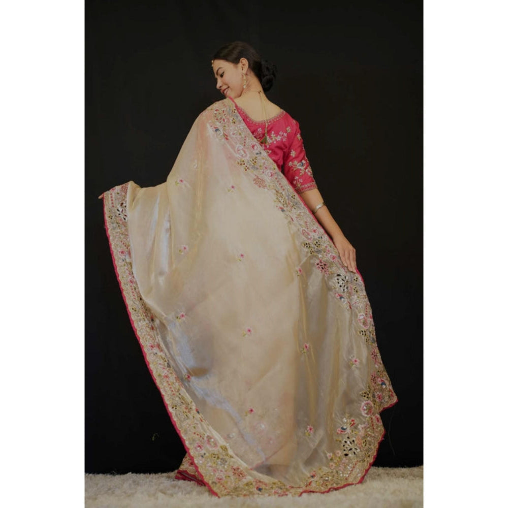 Isadora Life Womens Embroidered Thread Work Beige Pre-Draped Saree With Unstitched Blouse