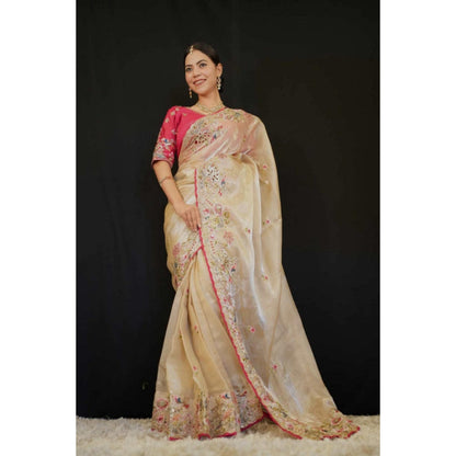 Isadora Life Womens Embroidered Thread Work Beige Pre-Draped Saree With Unstitched Blouse