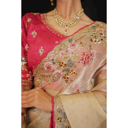 Isadora Life Womens Embroidered Thread Work Beige Pre-Draped Saree With Unstitched Blouse