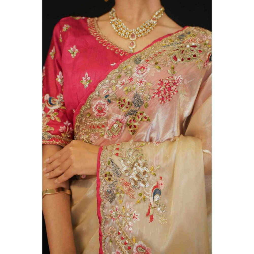 Isadora Life Womens Embroidered Thread Work Beige Pre-Draped Saree With Unstitched Blouse