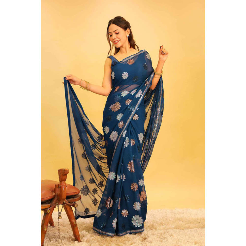 Isadora Life Womens Floral Sequined Blue Pre-Draped Saree With Unstitched Blouse