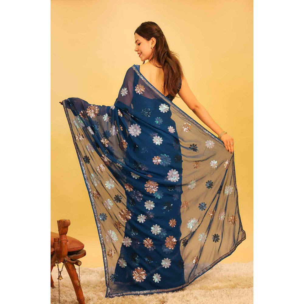 Isadora Life Womens Floral Sequined Blue Pre-Draped Saree With Unstitched Blouse