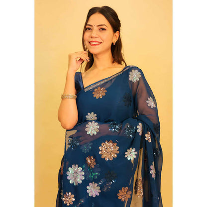 Isadora Life Womens Floral Sequined Blue Pre-Draped Saree With Unstitched Blouse