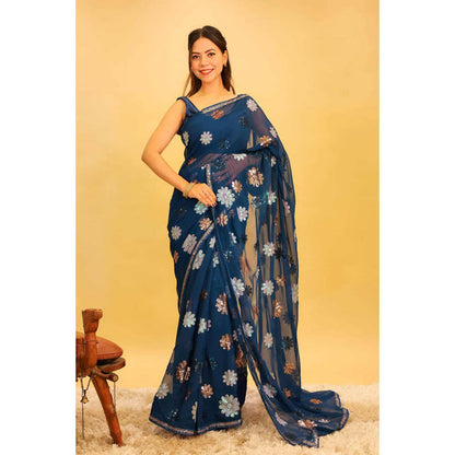 Isadora Life Womens Floral Sequined Blue Pre-Draped Saree With Unstitched Blouse