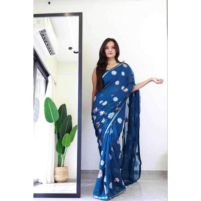 Isadora Life Womens Floral Sequined Blue Pre-Draped Saree With Unstitched Blouse