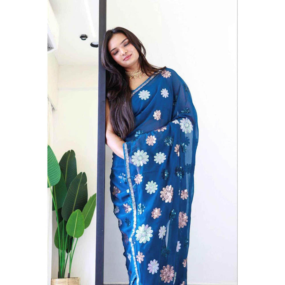 Isadora Life Womens Floral Sequined Blue Pre-Draped Saree With Unstitched Blouse