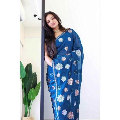 Isadora Life Womens Floral Sequined Blue Pre-Draped Saree With Unstitched Blouse