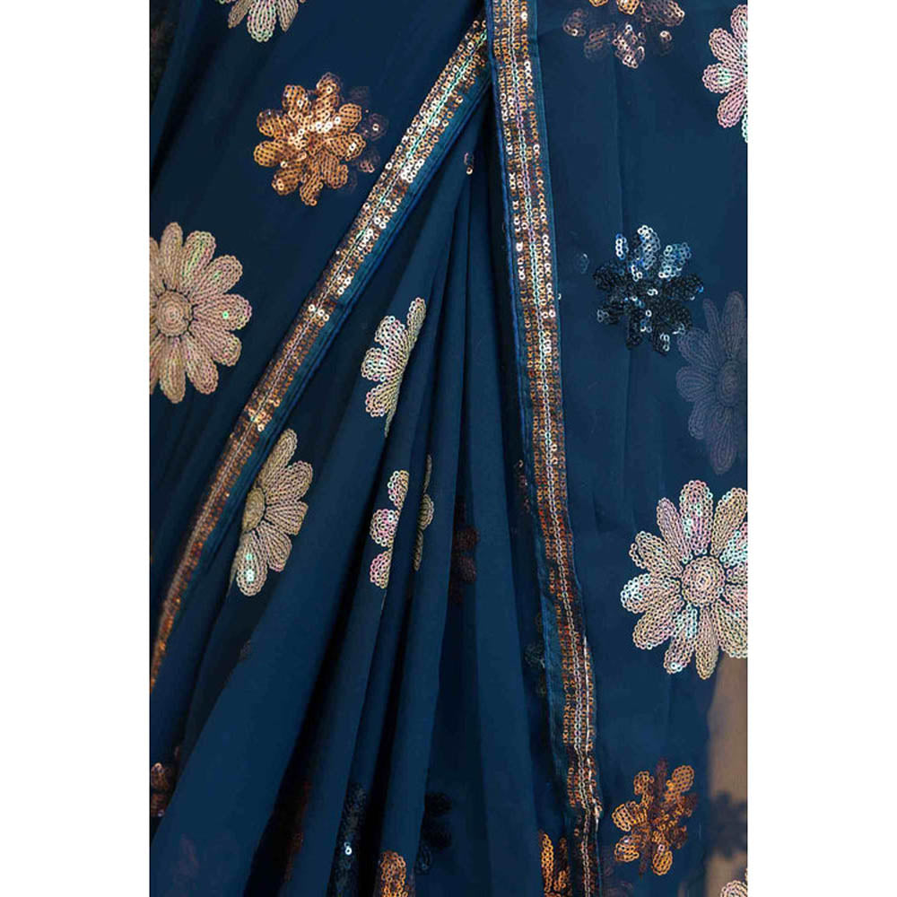 Isadora Life Womens Floral Sequined Blue Pre-Draped Saree With Unstitched Blouse