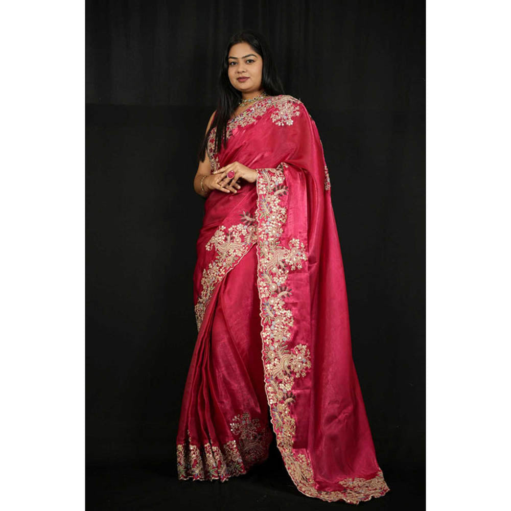 Isadora Life Womens Embroidered Zari Pink Pre-Draped Saree With Unstitched Blouse