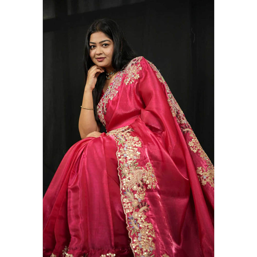 Isadora Life Womens Embroidered Zari Pink Pre-Draped Saree With Unstitched Blouse