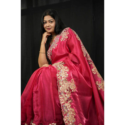 Isadora Life Womens Embroidered Zari Pink Pre-Draped Saree With Unstitched Blouse