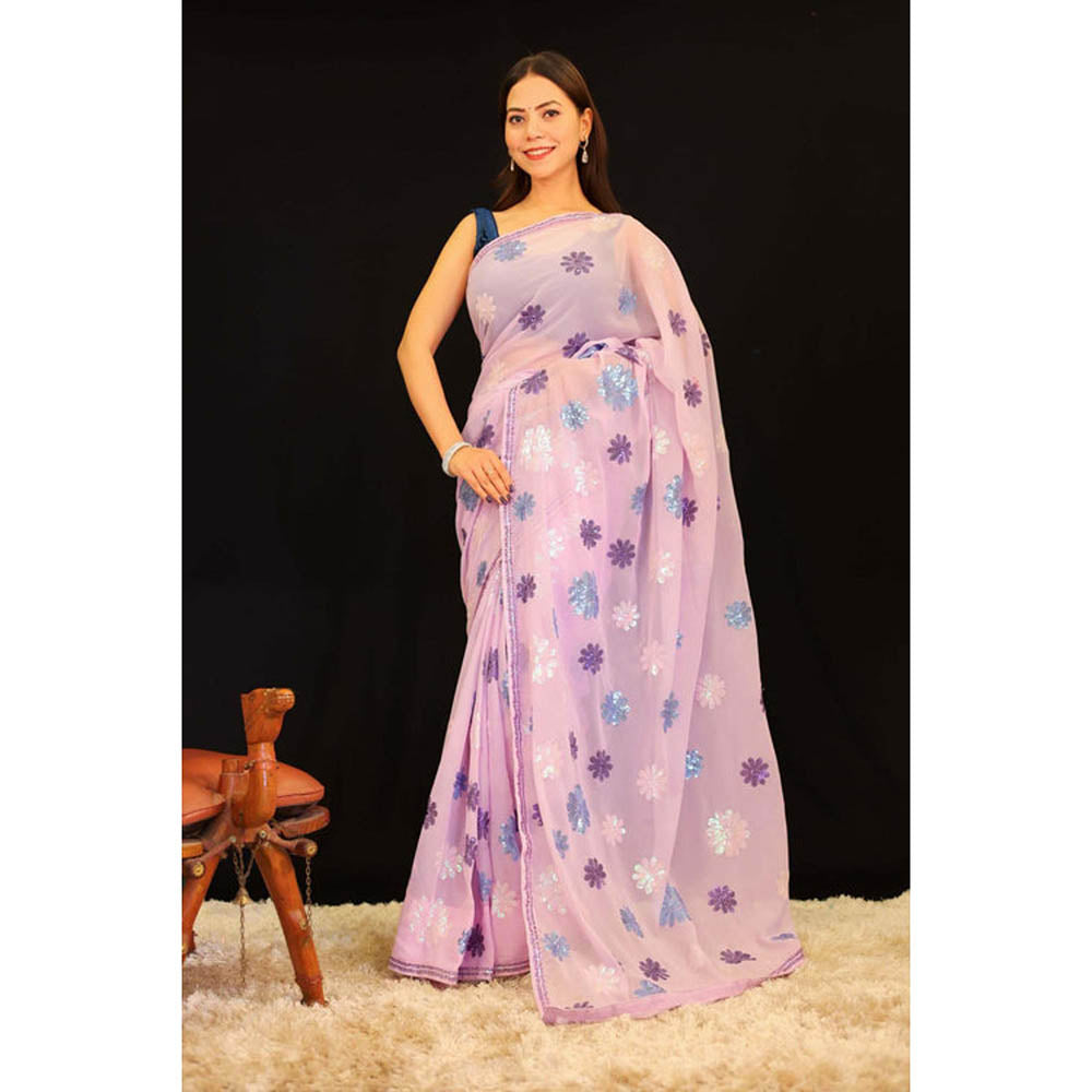 Isadora Life Womens Floral Sequined Lavender Pre-Draped Saree With Unstitched Blouse