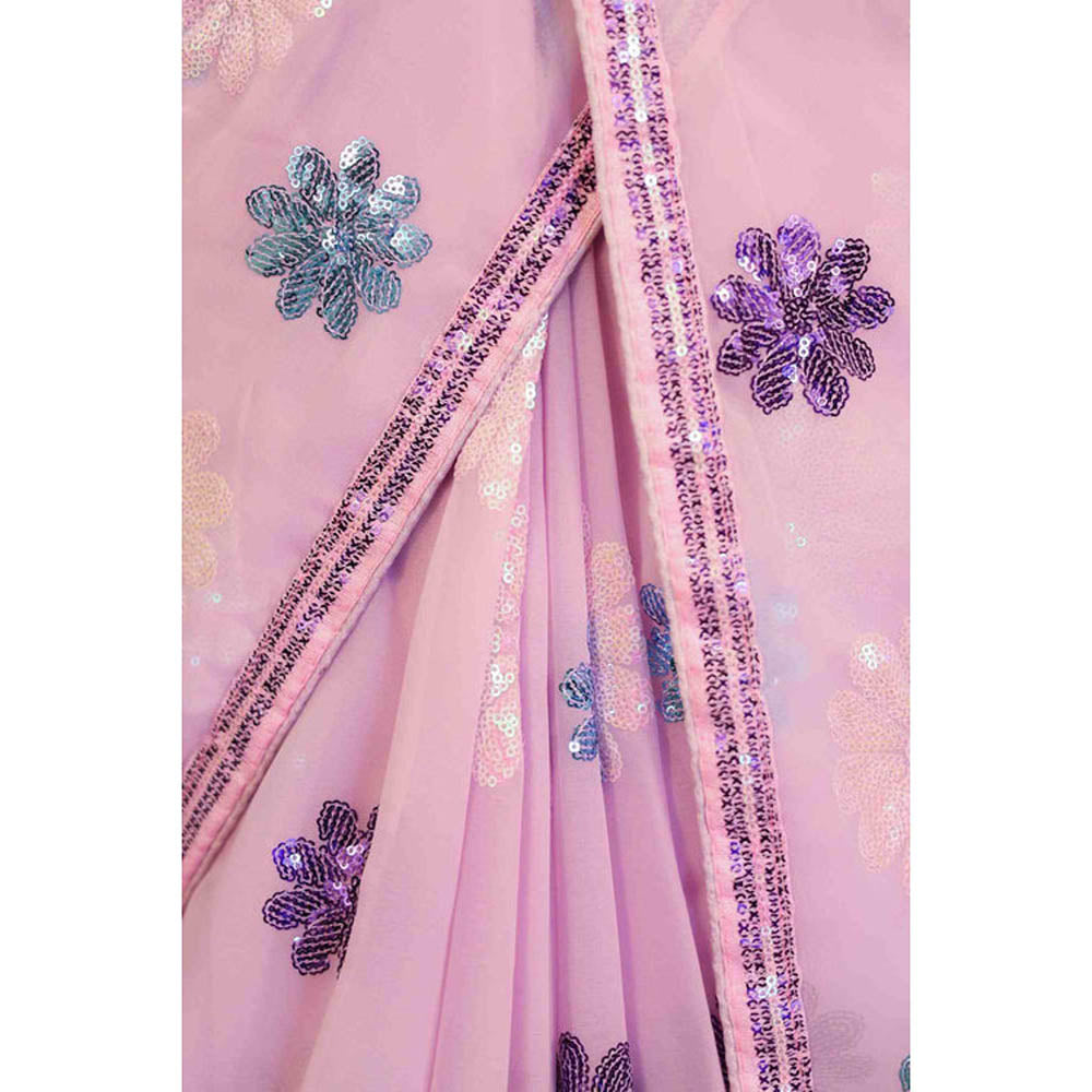 Isadora Life Womens Floral Sequined Lavender Pre-Draped Saree With Unstitched Blouse